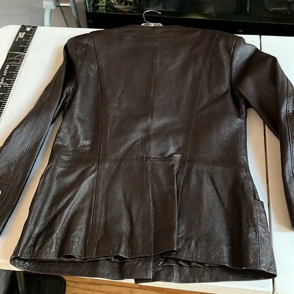 Spiegal size 14 brown leather jacket gold buttons pockets - Picture 4 of 12